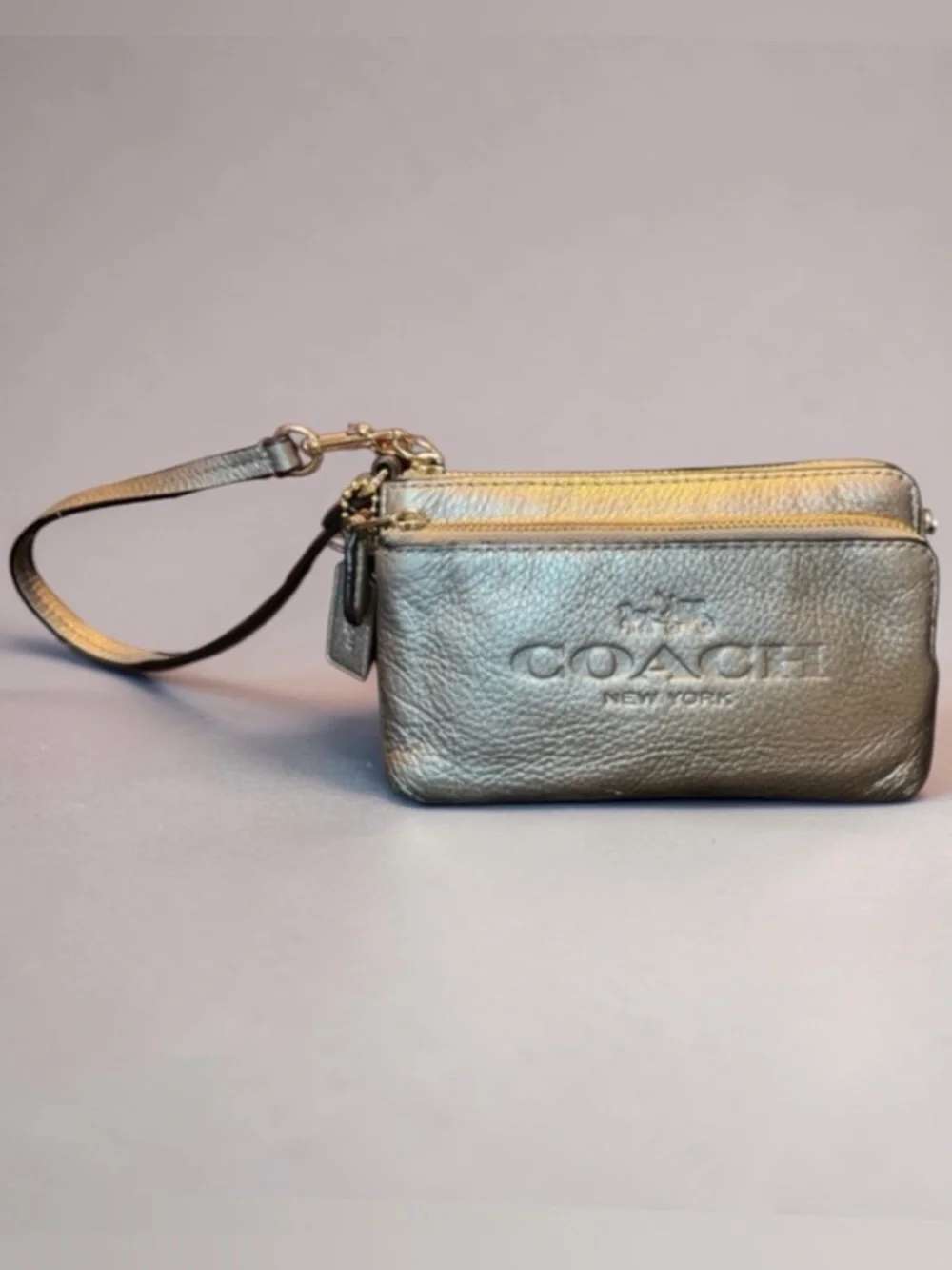 Coach Metallic Taupe/Gold Pebble Leather Double Zip Wristlet w Horse & Carriage